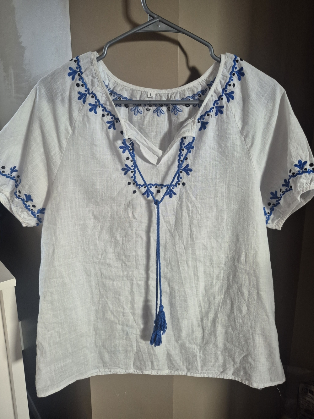 SHEIN White Linen Peasant Top with Blue Floral Embroidery